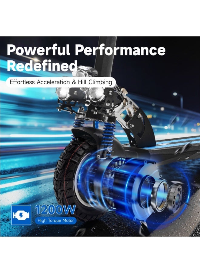 Crony V10 Big Display Fast Speed E-Scooter 1200W 48V Battery 45-68KN/H,10"Off-Road Tires,Triple LED Headlamps, Brushless Motor,All-Terrain electric Scooter, Dual Suspension, Dual Hydraulic Disc Brakes E-Bike, Easy Foldable, Portable Commuter E-Scooter for Adults & Kids, 120KG Load Aluminum Frame Skateboard, Urban Mobility，Blue - Image 5